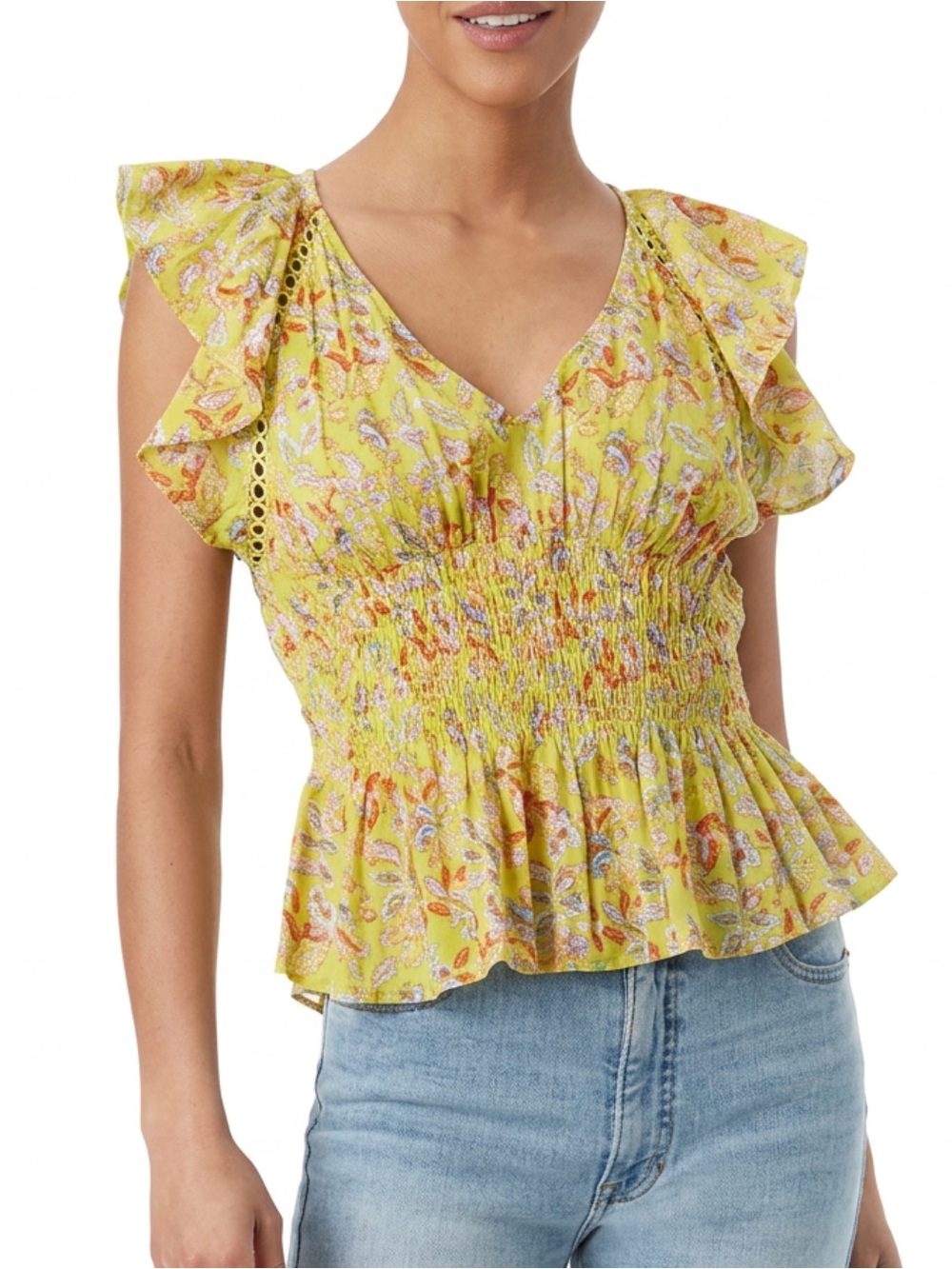 Sam Edelman Nyra Smocked Waist Floral Top Green 100% Cotton - Size Medium